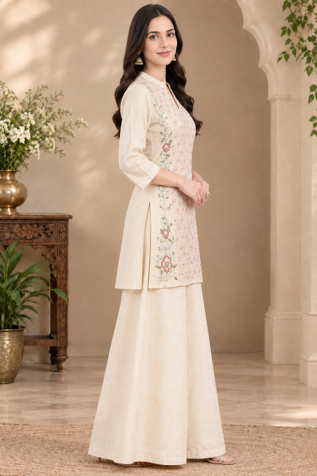 Off-White Embroidered Short Kurti with Palazzo – Crepe Co-ord Set