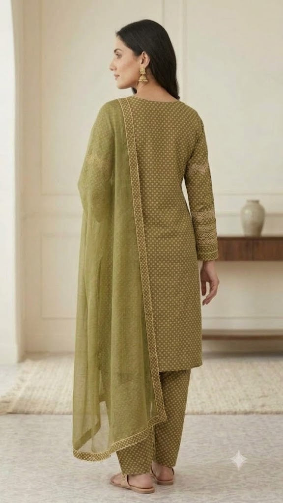 Women's Natural Crepe Dot Print Kurta Patiala Set with Embroidered Detail