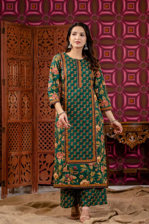 Green Cotton Floral Handblock Print Kurta Set for Women – Straight Kurta with Pant