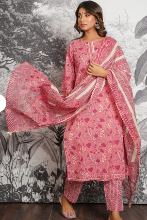 Pink Floral Printed Cotton Kurta Set with Dupatta – Elegant Summer Ethnic Suit for Women