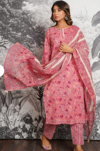 Pink Floral Printed Cotton Kurta Set with Dupatta – Elegant Summer Ethnic Suit for Women