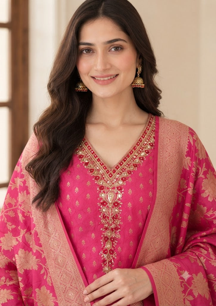 Pink Tissue Jacquard Partywear Kurta Set with Pants & Banarasi Dupatta