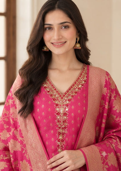 Pink Tissue Jacquard Partywear Kurta Set with Pants & Banarasi Dupatta