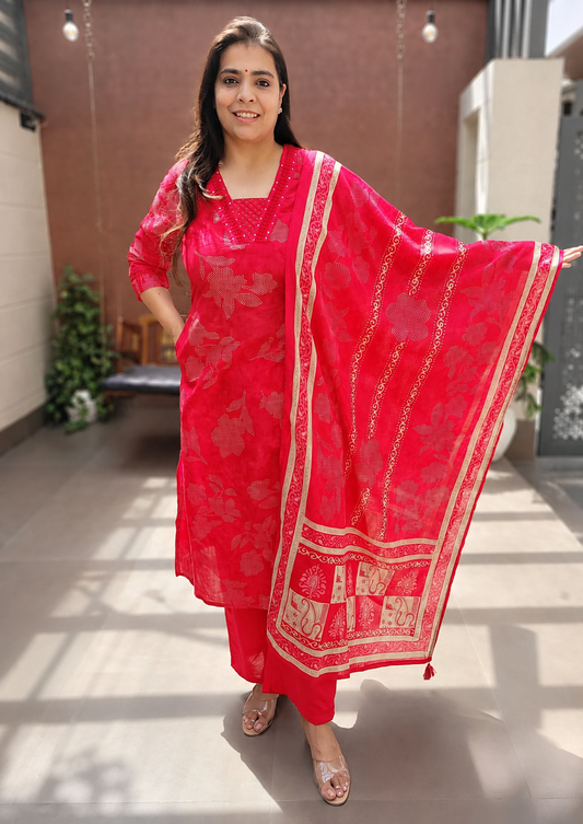 Women’s Red Cotton Embroidered 3 Piece Suit Set with Dupatta