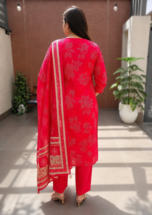 Women’s Red Cotton Embroidered 3 Piece Suit Set with Dupatta