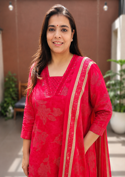 Women’s Red Cotton Embroidered 3 Piece Suit Set with Dupatta - Nakh Clothing