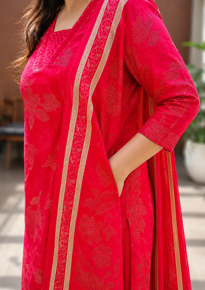Women’s Red Cotton Embroidered 3 Piece Suit Set with Dupatta - Nakh Clothing
