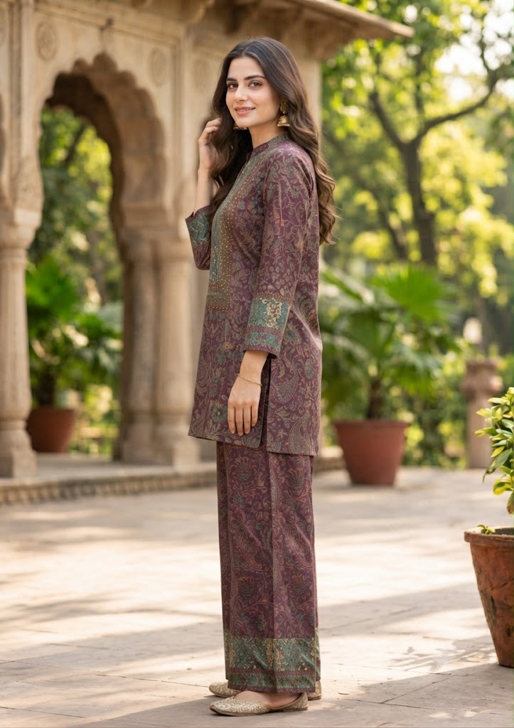 Wine Natural Crepe Co-ord Set with Handwork Yoke Kurta & Printed Palazzo