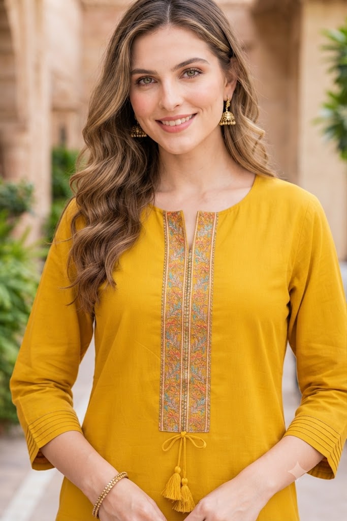 Mustard Cotton Stylish Co-ord Set with Sequins Work Kurta & Printed Palazzo - Nakh Clothing
