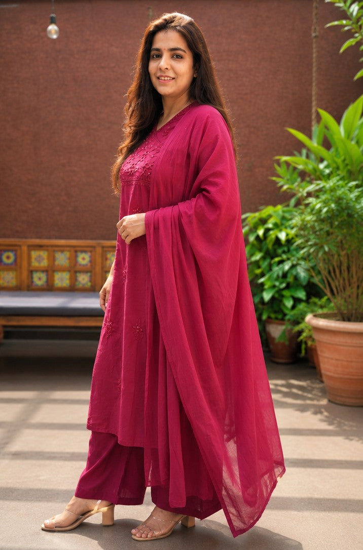 Fuchsia Cotton Angrakha 3 Piece Kurta Set with Embroidered Panel - Nakh Clothing
