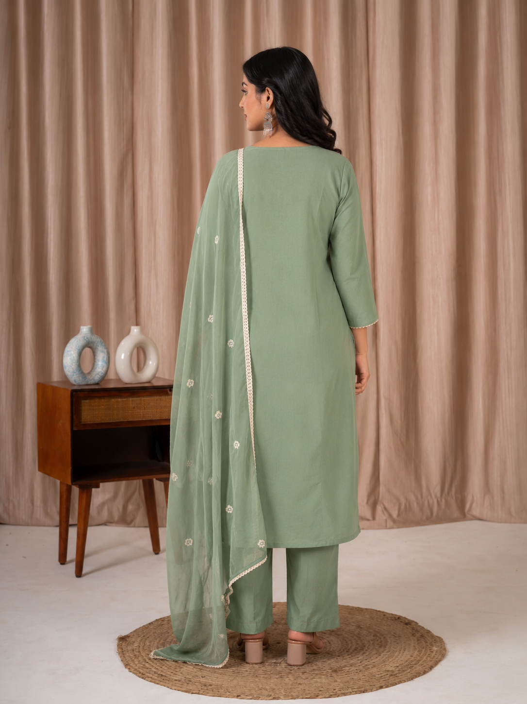 Sage Green Floral Embroidered Cotton Suit Set - Nakh Clothing