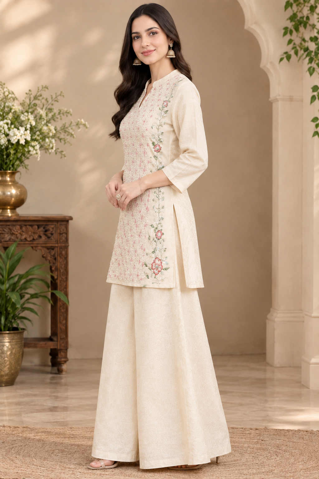 Off-White Embroidered Short Kurti with Palazzo – Crepe Co-ord Set