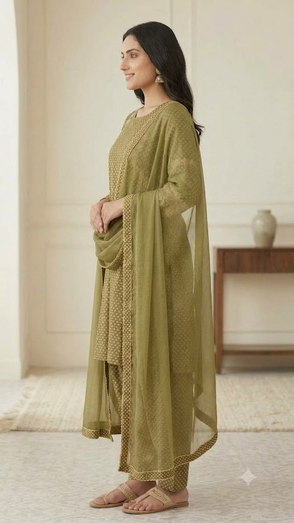 Women's Natural Crepe Dot Print Kurta Patiala Set with Embroidered Detail
