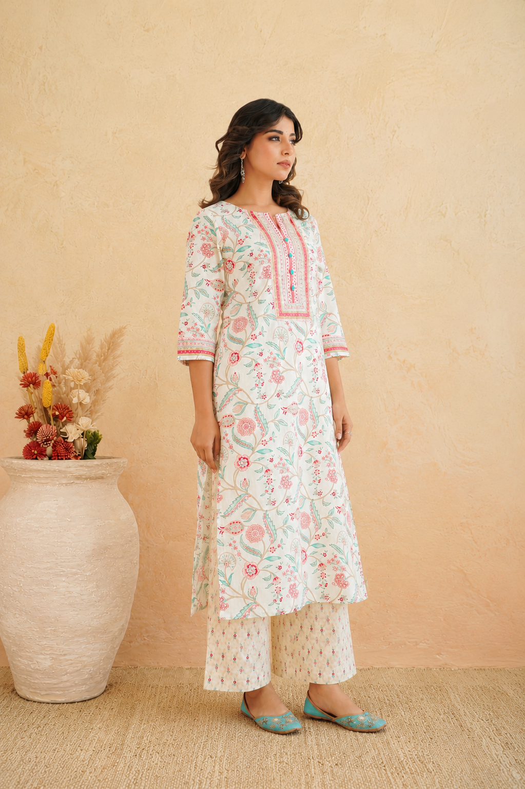 Rama Floral Cotton Suit Set with Dupatta for Women. - Nakh Clothing