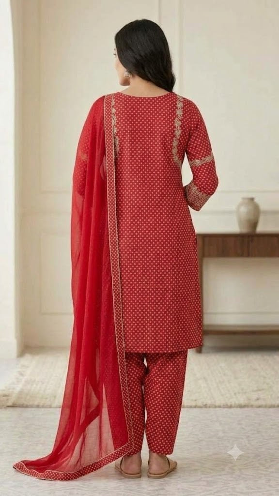 Women's Natural Crepe Dot Print Kurta Patiala Set with Embroidered Detail