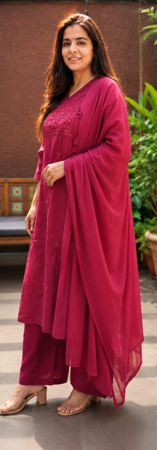 Fuchsia Cotton Angrakha 3 Piece Kurta Set with Embroidered Panel - Nakh Clothing
