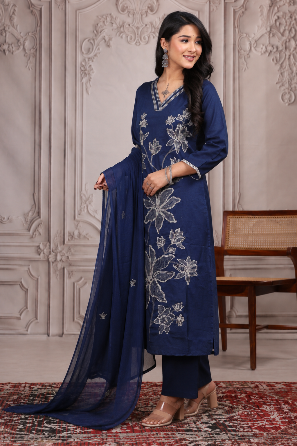 Royal Blue Floral Embroidered Cotton Suit Set