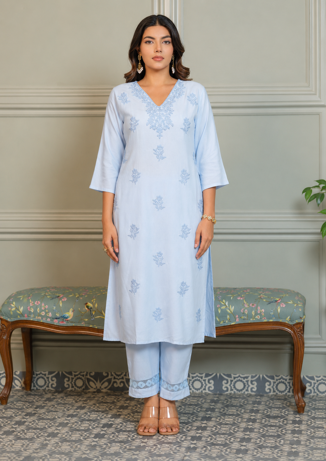 Women’s Sky Blue Chikankari Embroidered Rayon Co-Ord Set - Nakh Clothing
