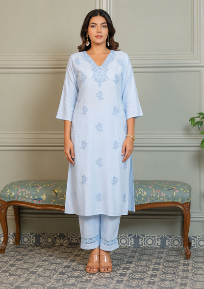 Women’s Sky Blue Chikankari Embroidered Rayon Co-Ord Set - Nakh Clothing