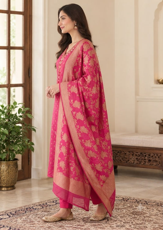 Pink Tissue Jacquard Partywear Kurta Set with Pants & Banarasi Dupatta