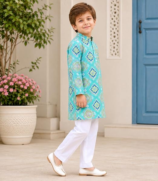Sky Blue Cotton Printed Kurta with White Pyjama Set with Gota Work for Boys