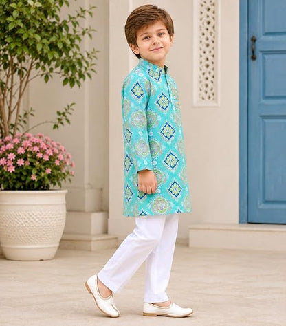 Sky Blue Cotton Printed Kurta with White Pyjama Set with Gota Work for Boys