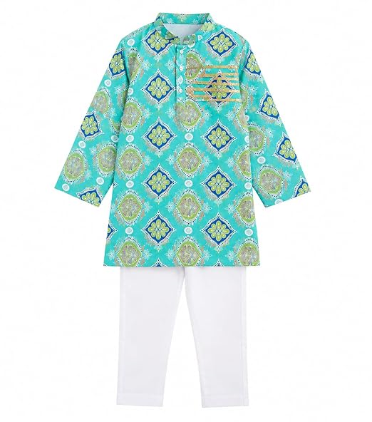 Sky Blue Cotton Printed Kurta with White Pyjama Set with Gota Work for Boys