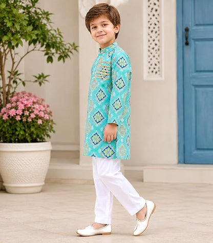 Sky Blue Cotton Printed Kurta with White Pyjama Set with Gota Work for Boys