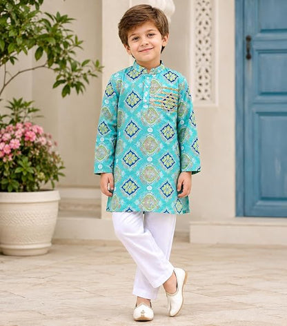 Sky Blue Cotton Printed Kurta with White Pyjama Set with Gota Work for Boys