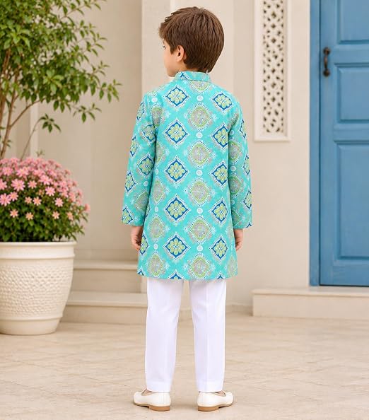 Sky Blue Cotton Printed Kurta with White Pyjama Set with Gota Work for Boys