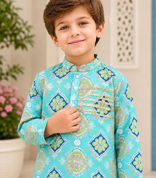 Sky Blue Cotton Printed Kurta with White Pyjama Set with Gota Work for Boys