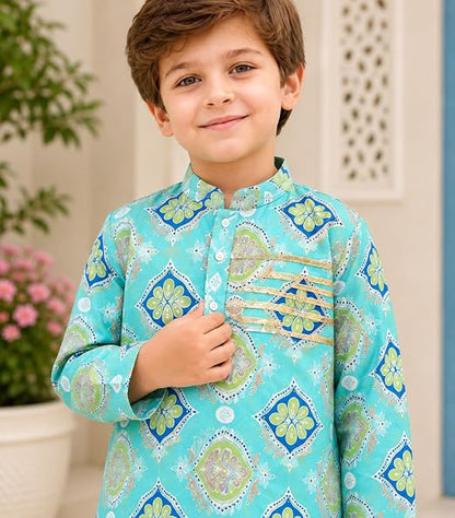 Sky Blue Cotton Printed Kurta with White Pyjama Set with Gota Work for Boys