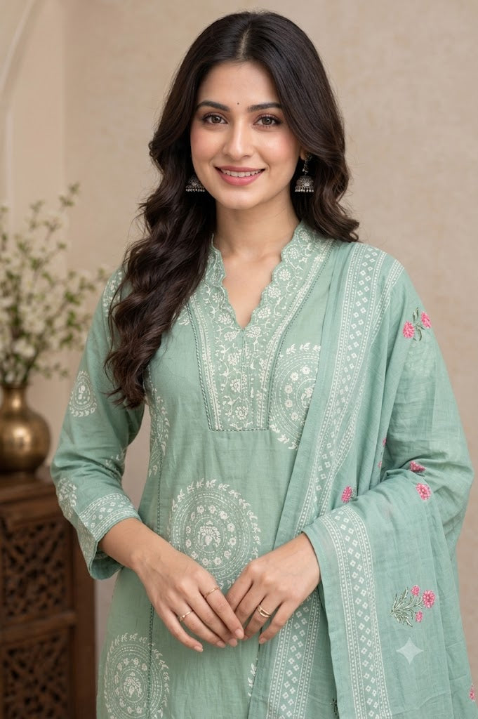 Sage Green Cotton Kurta Set with Embroidered Yoke & Border Print Dupatta