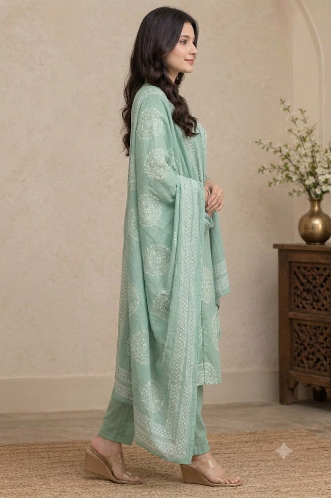 Sage Green Cotton Kurta Set with Embroidered Yoke & Border Print Dupatta