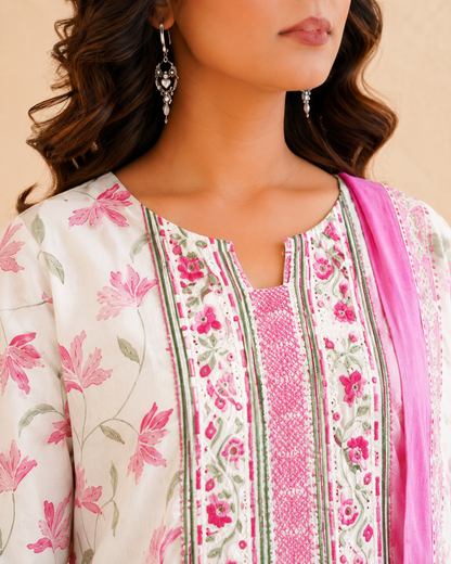Pink Floral Cotton Suit Set with Embroidered Yoke & Dupatta ✨ - Nakh Clothing