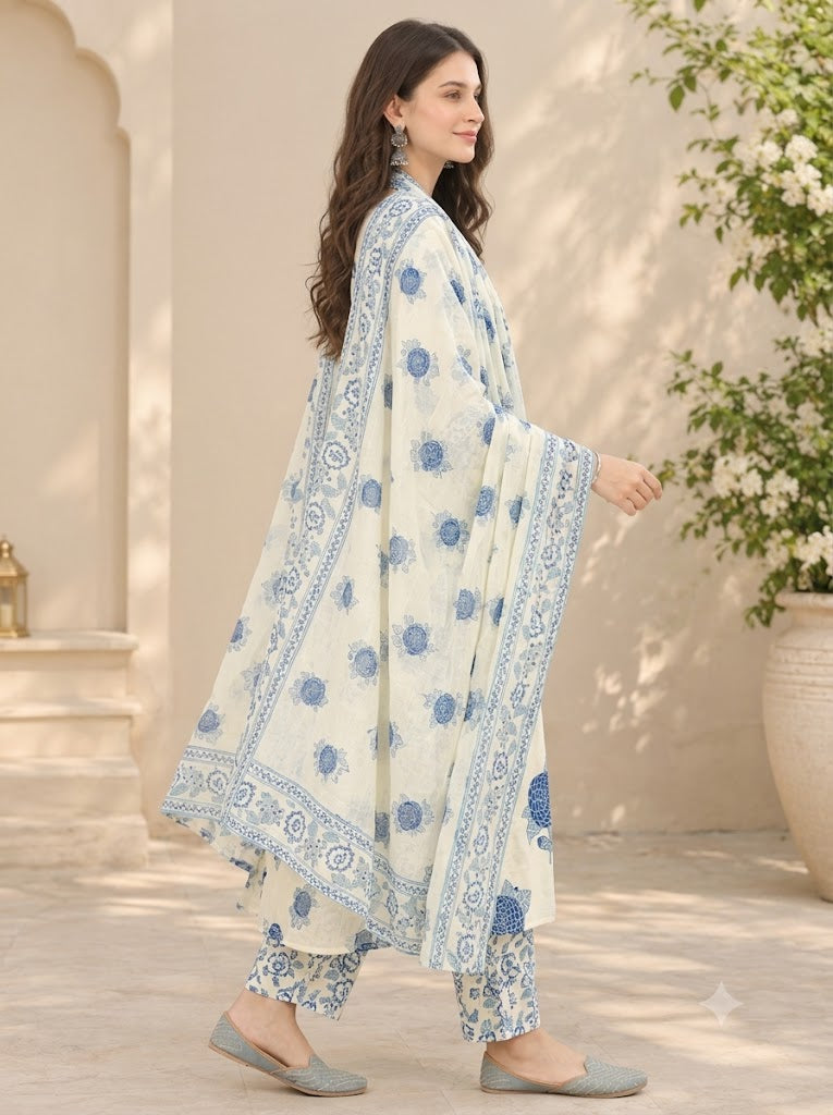 Cream Cotton Floral Block Print Kurta Set with Pants & Dupatta