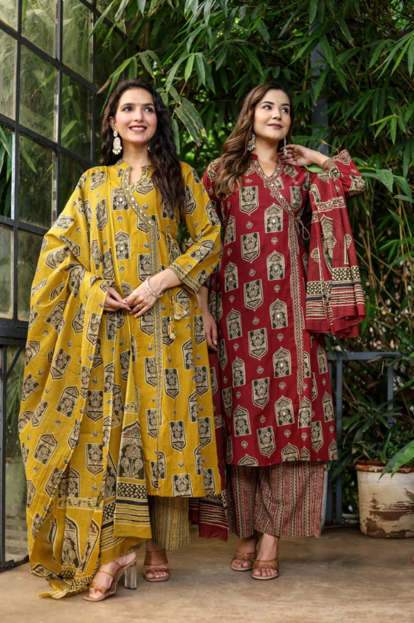 Handblock Print Cotton Kurta Set with Palazzo & Dupatta Elegant Traditional Wear