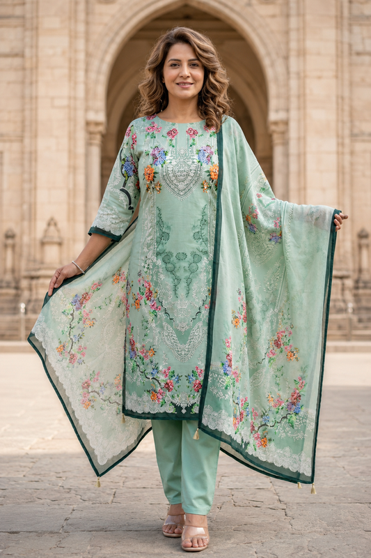 Mint Green Kantha Work Pakistani Cotton Suit Set for Women
