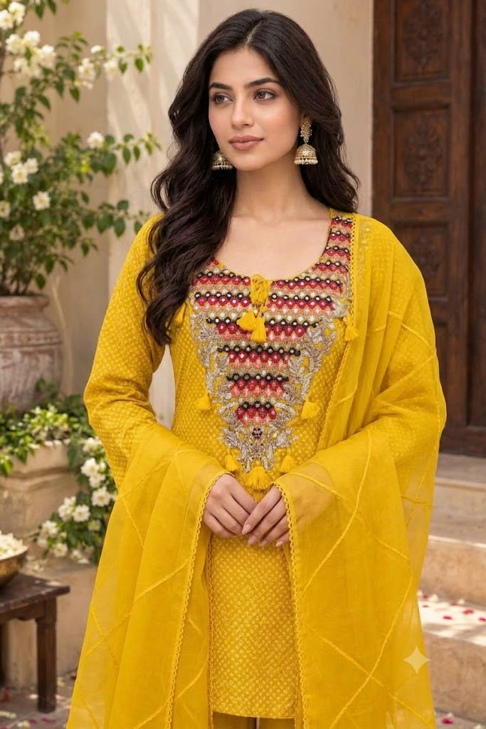 Women's Yellow Bandhani Georgette Kurta Palazzo Set with Embroidered Yoke