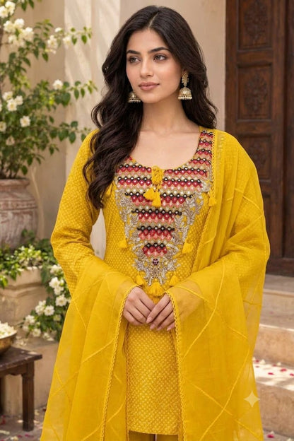 Women's Yellow Bandhani Georgette Kurta Palazzo Set with Embroidered Yoke