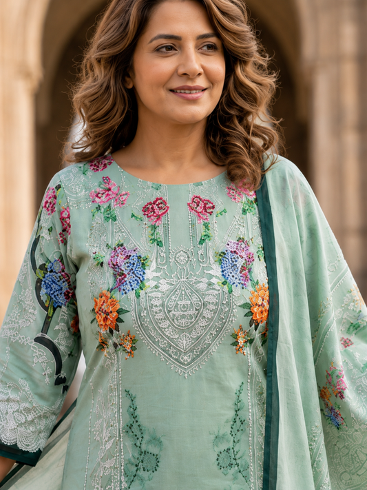 Mint Green Kantha Work Pakistani Cotton Suit Set for Women - Nakh Clothing