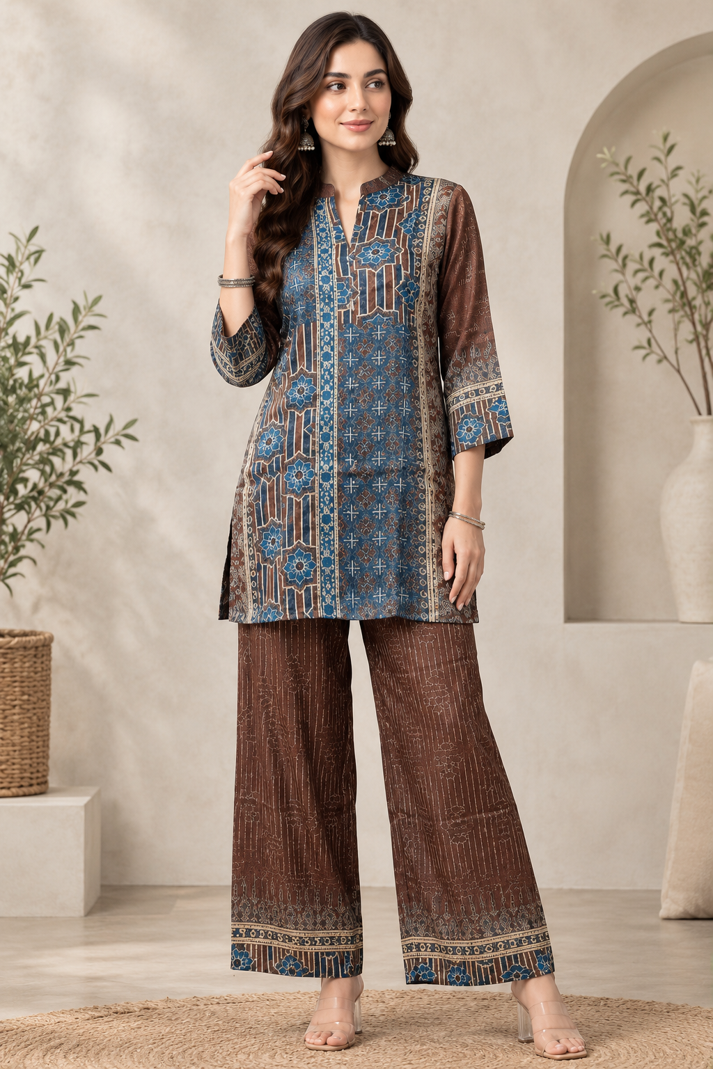 Coffee Natural Crepe Stylish Co-ord Set with Printed Kurta & Palazzo