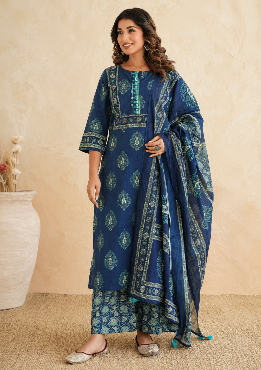 Blue Cotton 3-Piece Suit with Zari Work