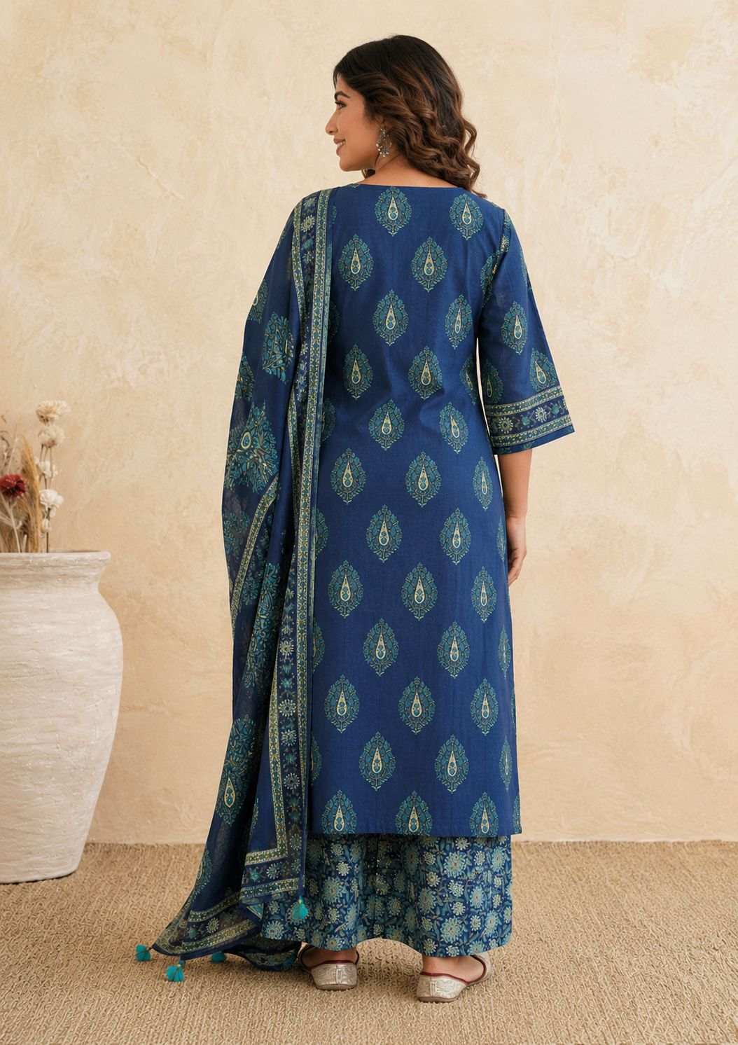 Blue Cotton 3-Piece Suit with Zari Work