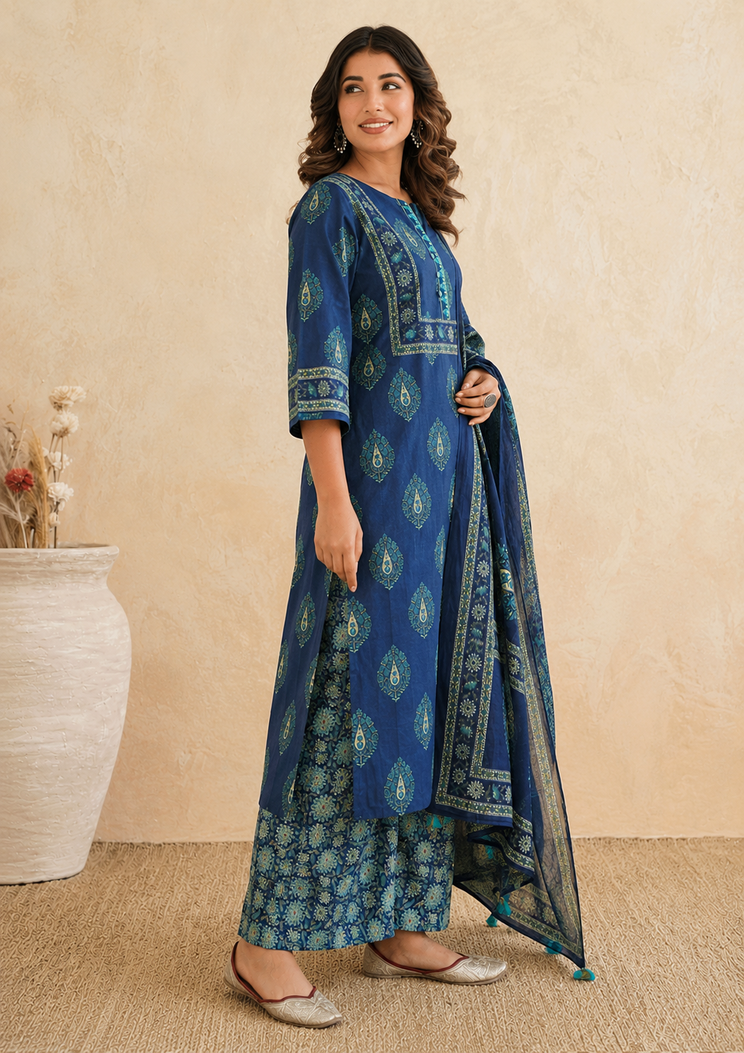 Blue Cotton 3-Piece Suit with Zari Work