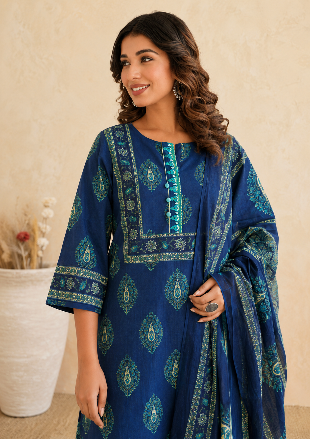 Blue Cotton 3-Piece Suit with Zari Work
