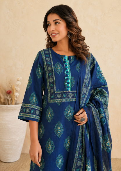 Blue Cotton 3-Piece Suit with Zari Work - Nakh Clothing