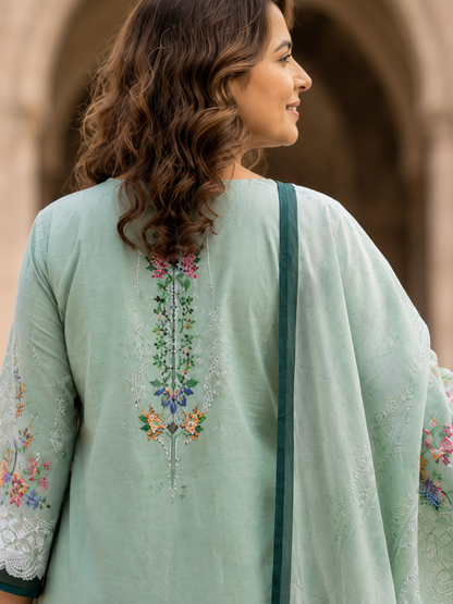 Mint Green Kantha Work Pakistani Cotton Suit Set for Women - Nakh Clothing