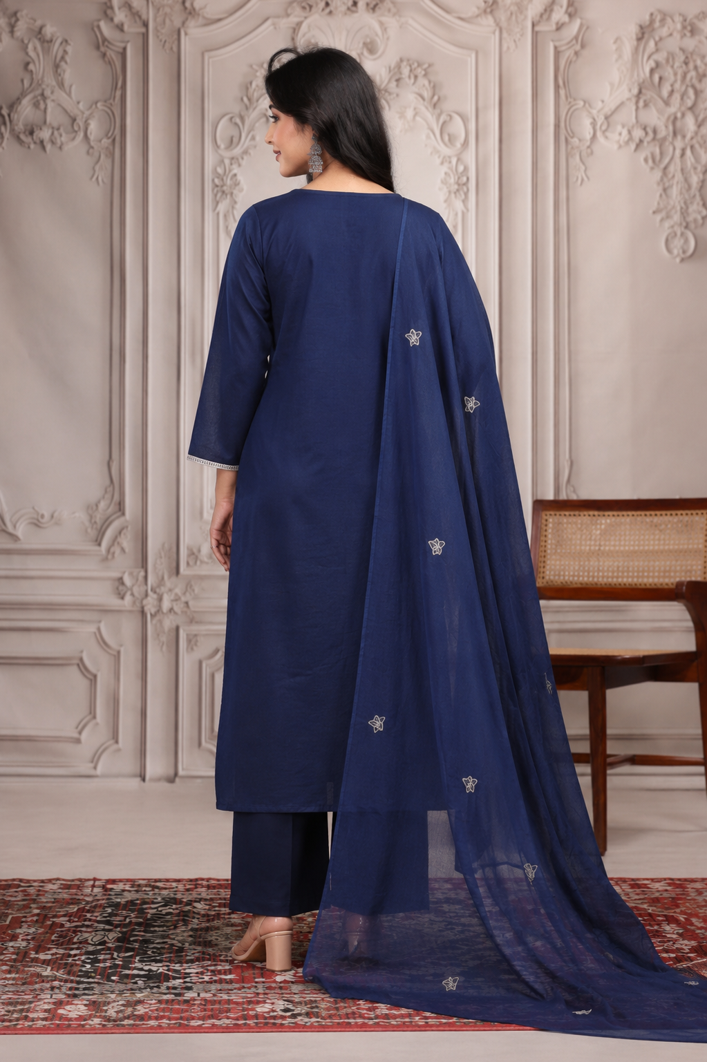 Royal Blue Floral Embroidered Cotton Suit Set