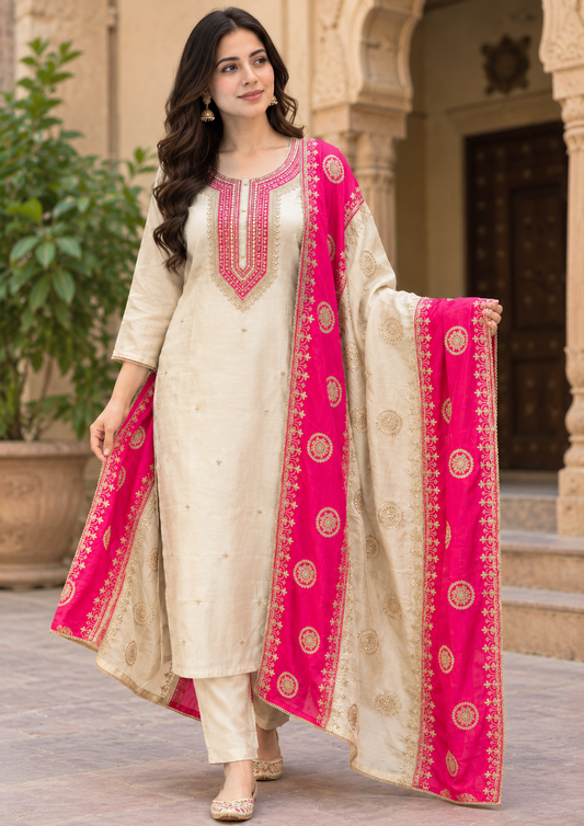 Ivory Tissue Shimmer Partywear Kurta Set with Pants & Heavy Dupatta